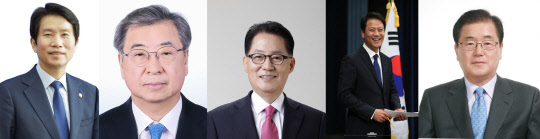 문재인 대통령이 3일 외교·안보라인 인사를 단행했다. 왼쪽부터 신임 통일부장관에 이인영 더불어민주당 의원, 신임 청와대 국가안보실장에 서훈 국정원장, 신임 국정원장에 박지원 전 의원, 신임 청와대 외교안보특별보좌관에 임종석 전 청와대 비서실장, 정의용 전 청와대 국가안보실장,